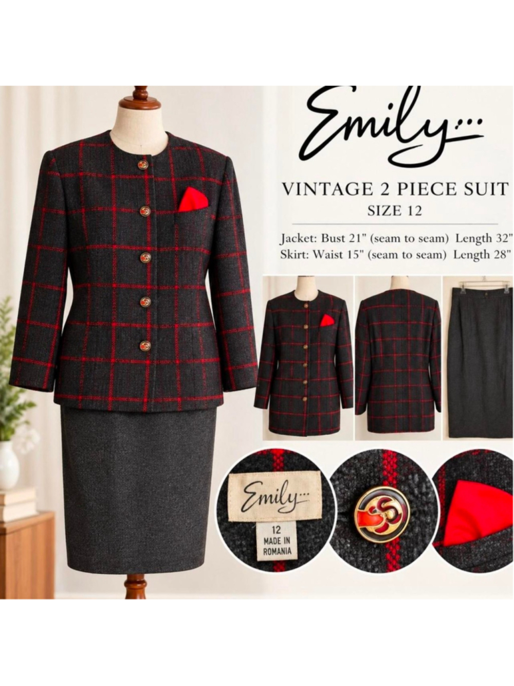 Vintage Emily 2-Piece Skirt Suit Size 12 Gray Red Windowpane Plaid